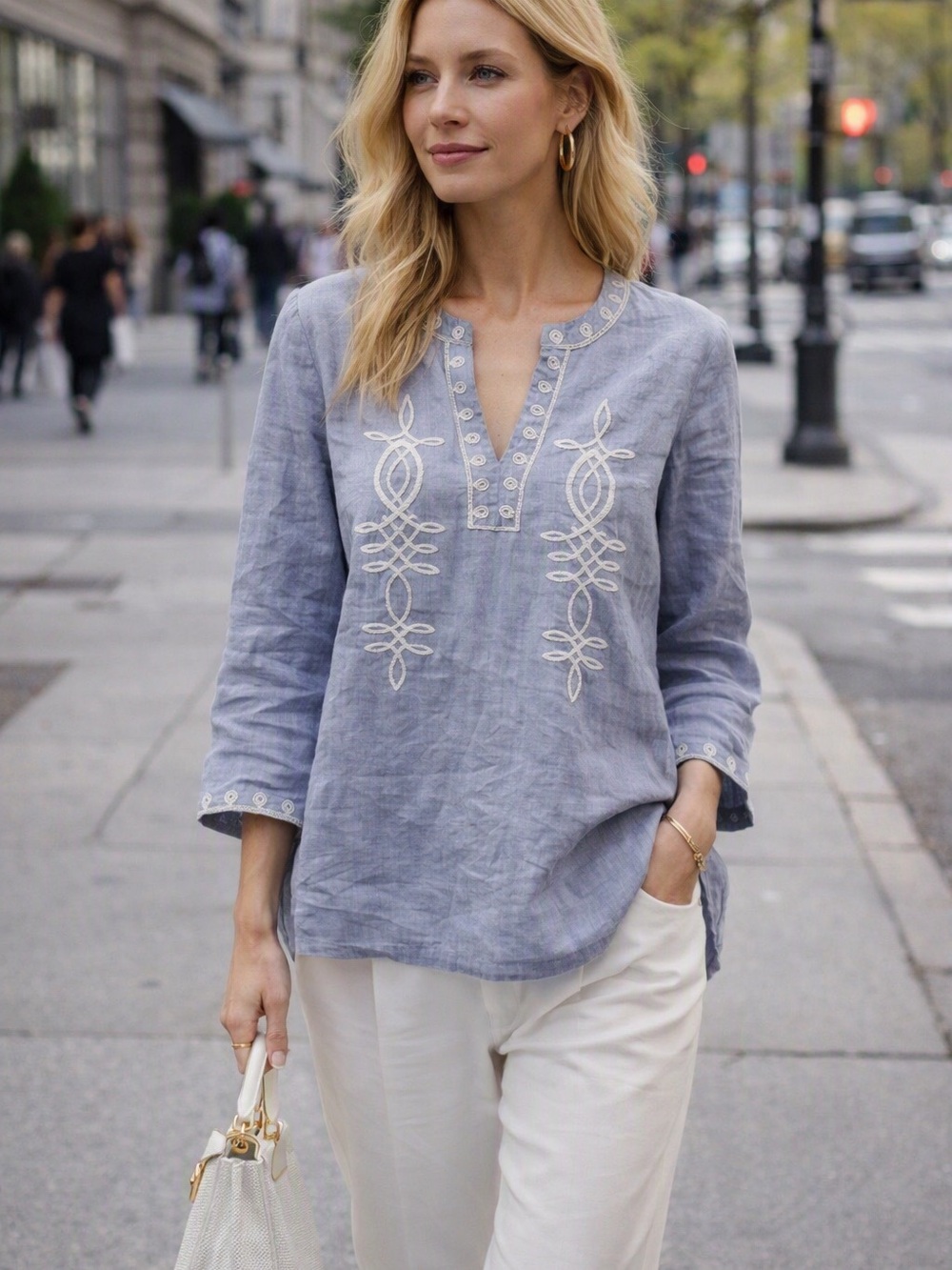 Banana Republic Blue Embroidered V-Neck Linen Top
